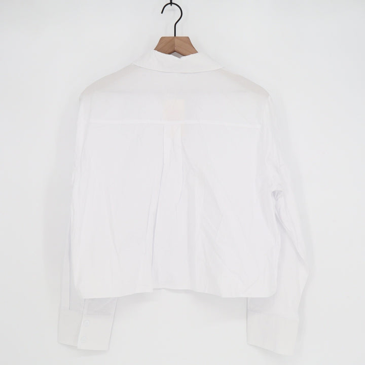 White Cropped Long Sleeve Button Up Shirt Collared Cotton Rayon Blend Large