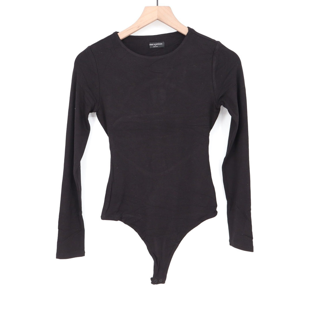 Naked Wardrobe Womens Black Long Sleeve Open Back Ruched Bodysuit Size M