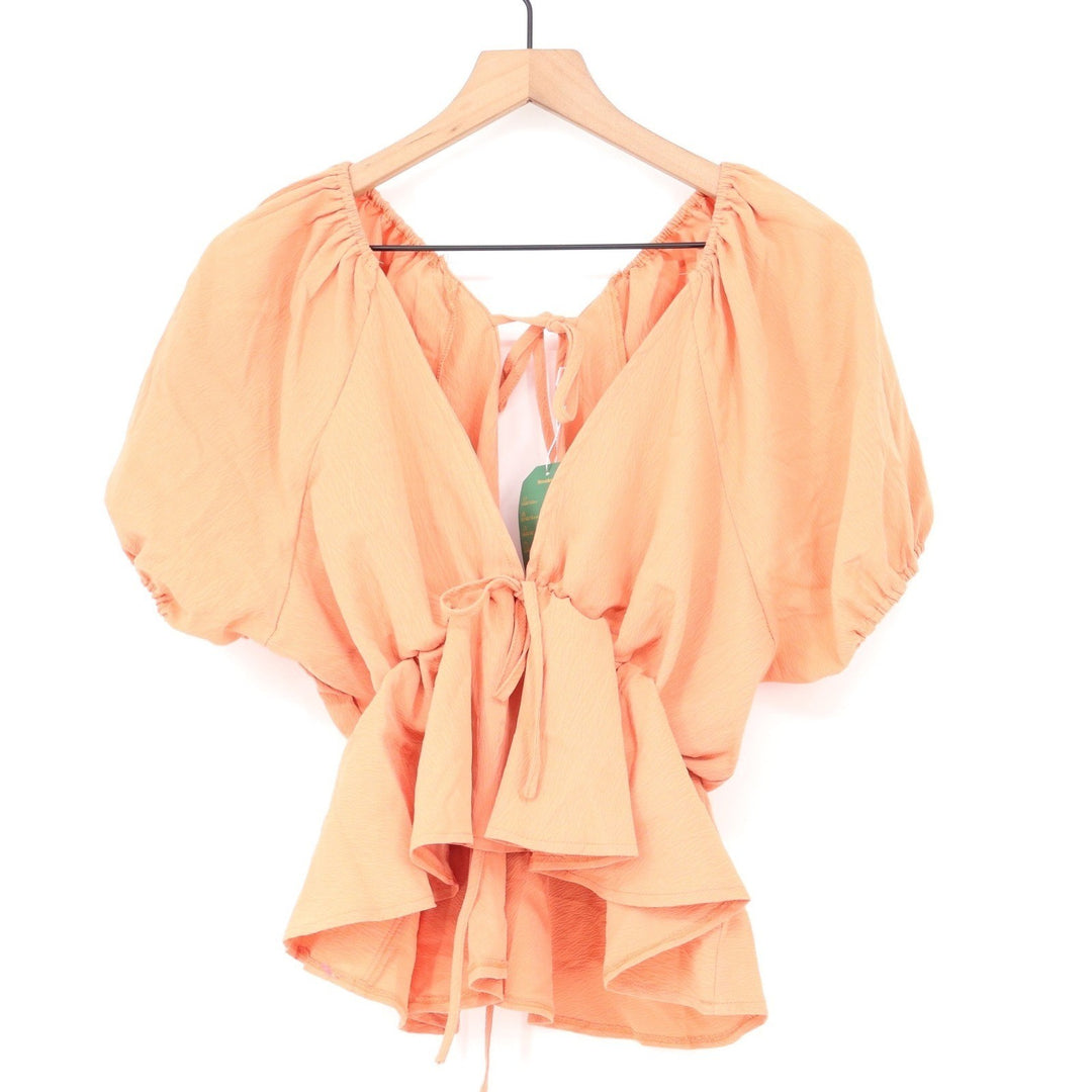 Remidoo Peach Puff Sleeve Tie Front Peplum Blouse NWT Large