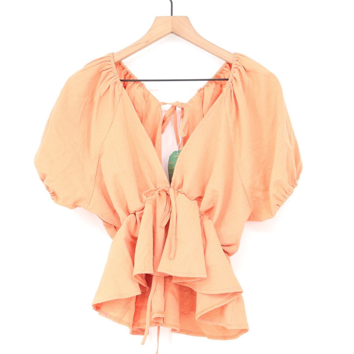 Remidoo Peach Puff Sleeve Tie Front Peplum Blouse NWT Large