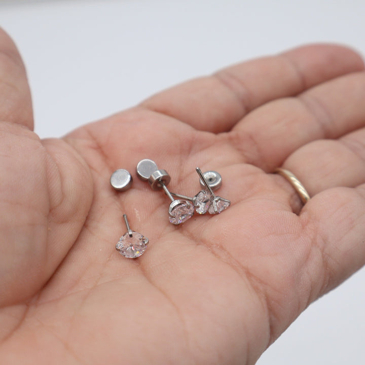 Fansilver 20G Hypoallergenic Stainless Steel CZ Flat Back Stud Earrings 3 Pairs
