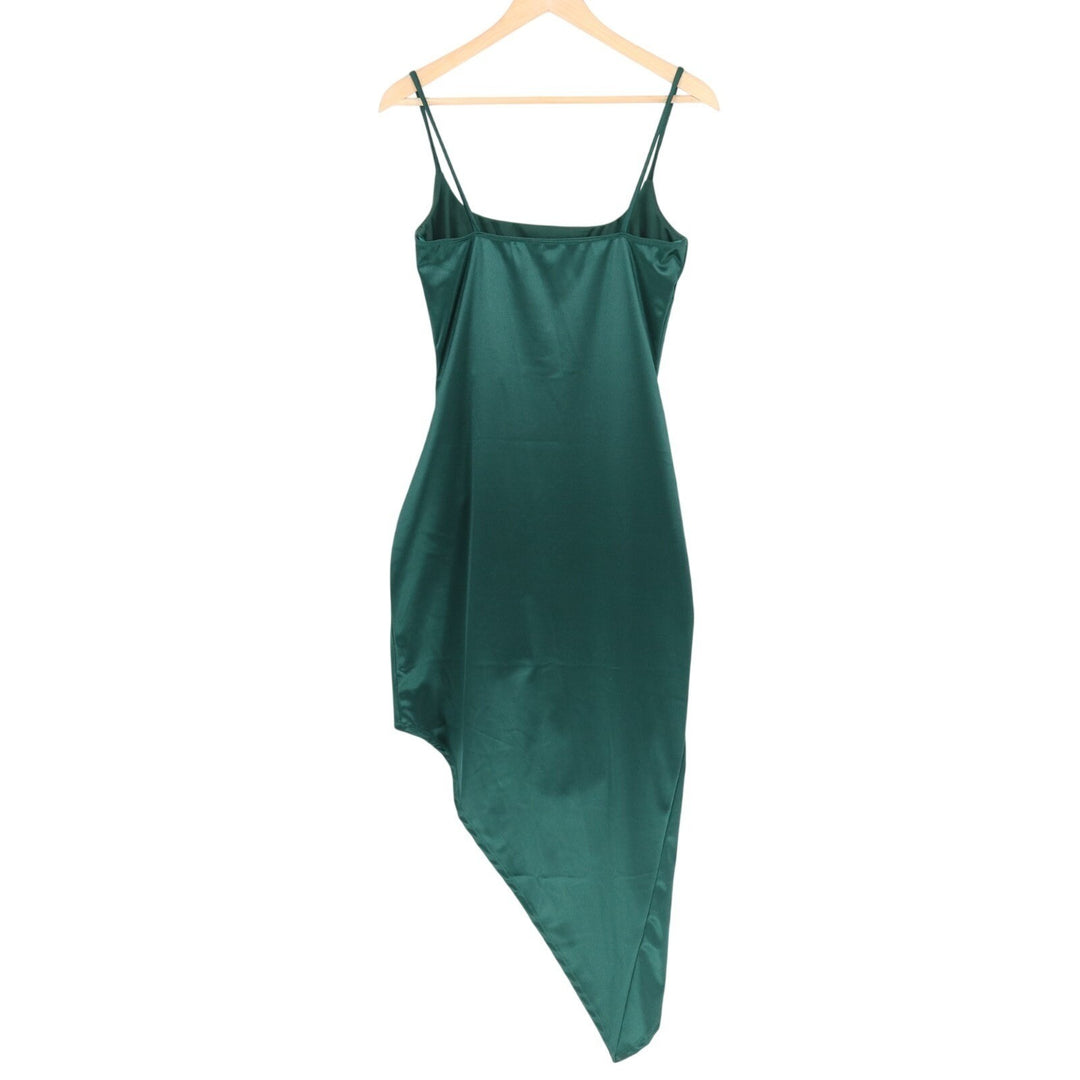 Windsor Forgive Me Bodycon Midi Dress Women L Green Satin Pleated Asymmetric Hem