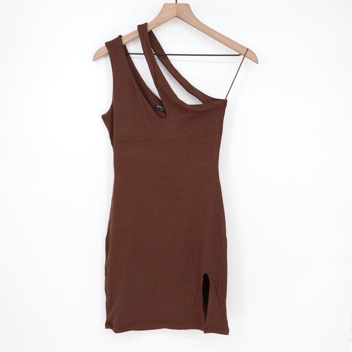 Naked Wardrobe Brown Asymmetrical One Shoulder Mini Dress Large