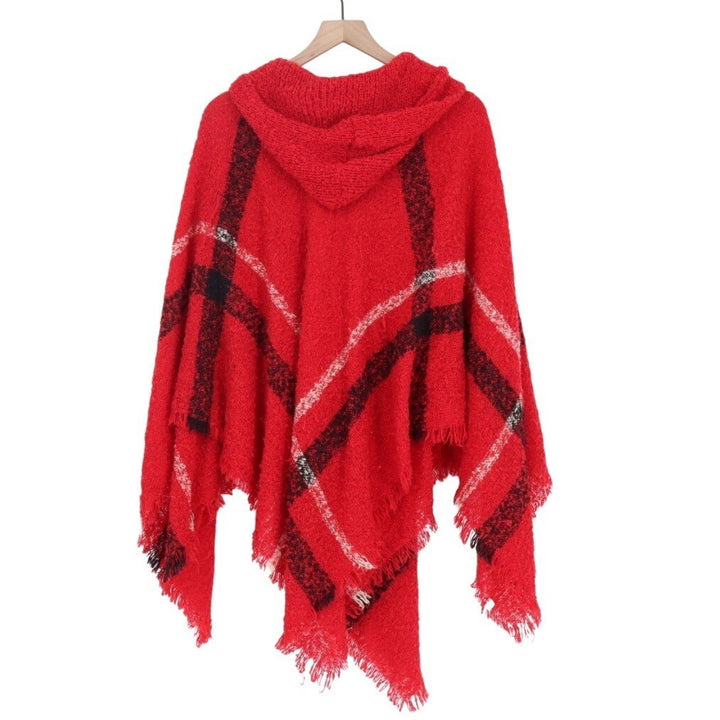 Knitted Hood Poncho Womens One Size Red Black Plaid Fringe Trim Outdoor Wear