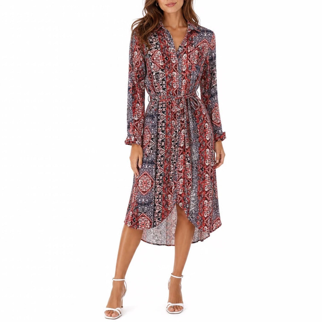 Minkpink Red Blue Geometric Tribal Print Long Sleeve Shirt Midi Dress S