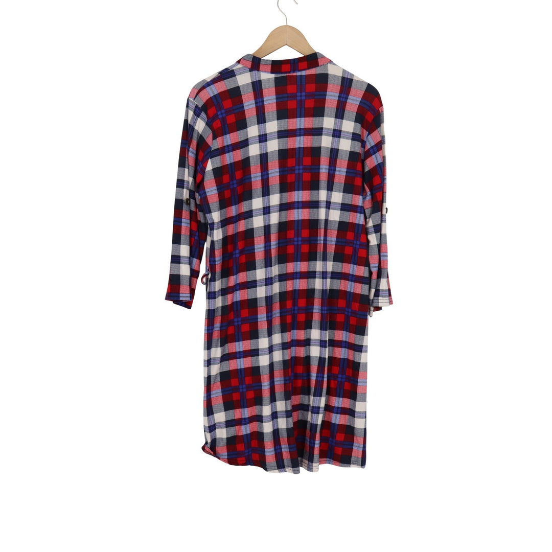 J for Justify XL Red Navy Blue White Plaid Button Front Tunic Shirt 3/4 Sleeve