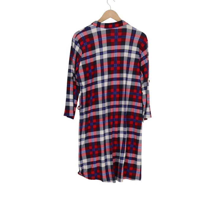 J for Justify XL Red Navy Blue White Plaid Button Front Tunic Shirt 3/4 Sleeve