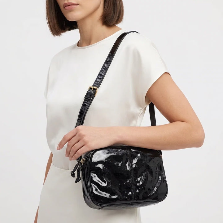 Unbranded Crossbody Bag Womens Medium Camera Bag Black Patent Glossy Fair