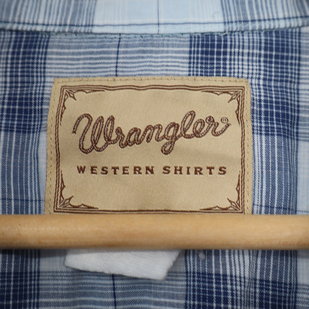 Wrangler Western Shirt Mens Blue White Plaid Pearl Snap Short Sleeve Yoke