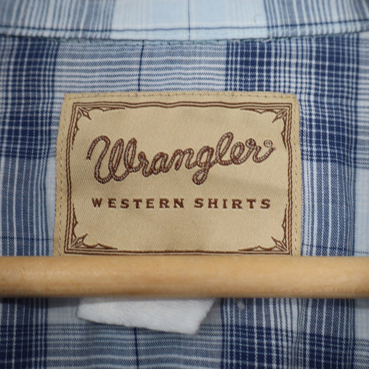 Wrangler Western Shirt Mens Blue White Plaid Pearl Snap Short Sleeve Yoke