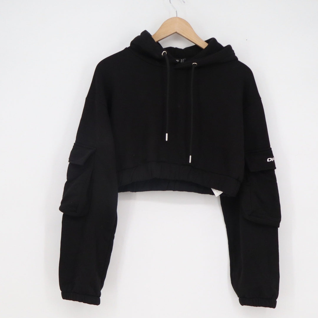 Boohoo Womens Black Cropped Cargo Hoodie Sweatshirt Size 6 Cotton Official