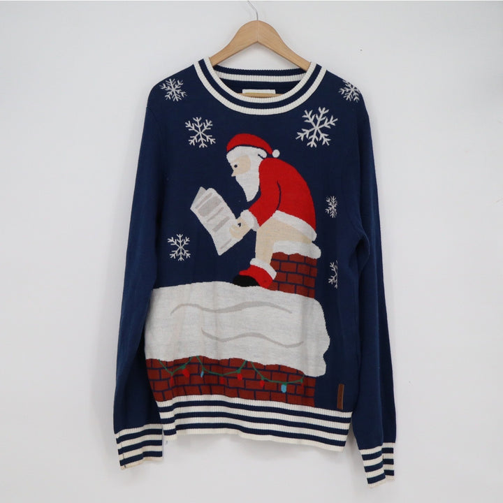 Tipsy Elves Mens XL Navy Blue Santa Chimney Funny Ugly Christmas Sweater XL