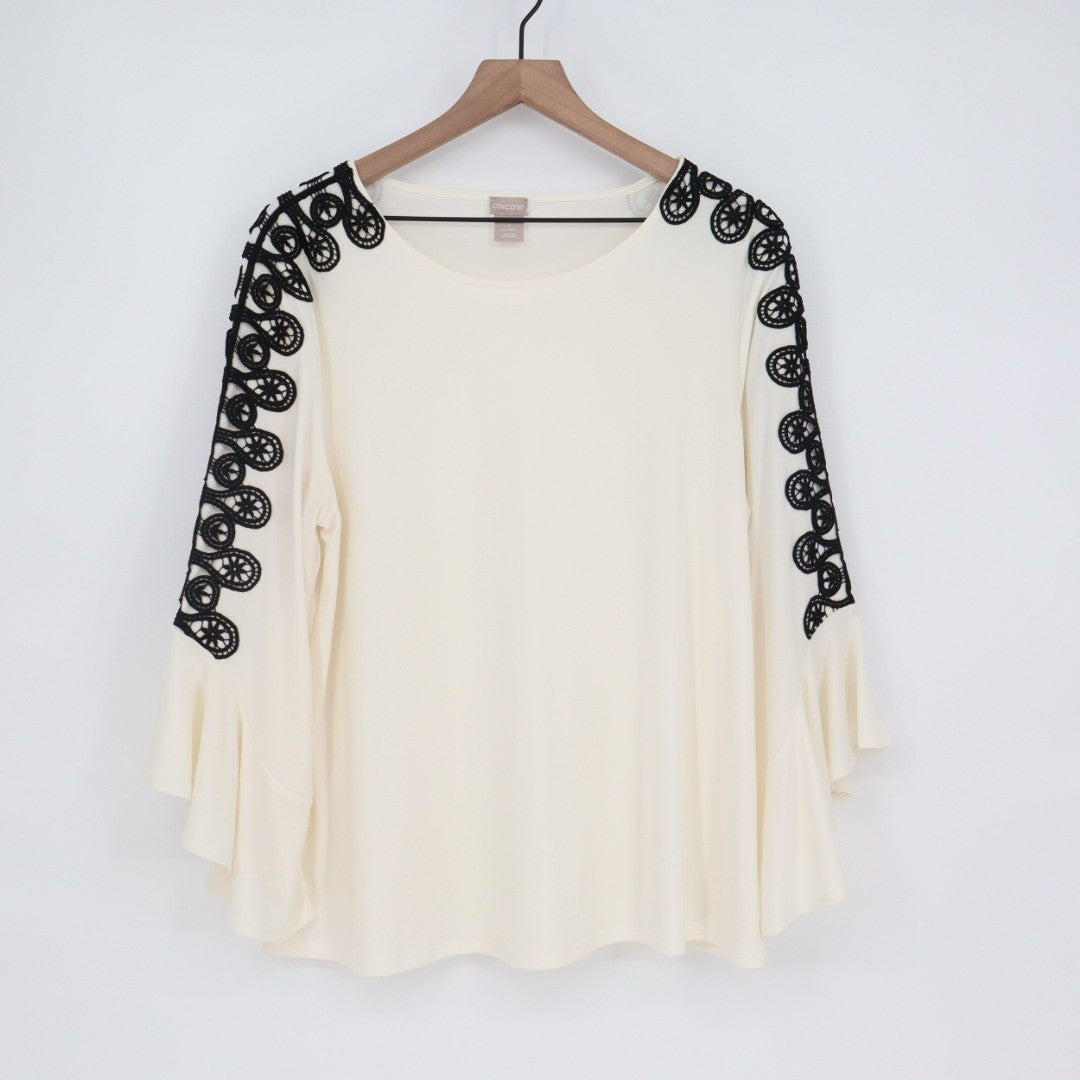Chicos Blouse Womens Large White Black Embroidery Ruffle Bell Sleeve Round Neck