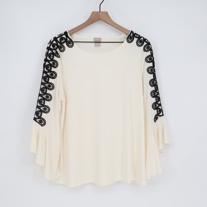 Chicos Blouse Womens Large White Black Embroidery Ruffle Bell Sleeve Round Neck