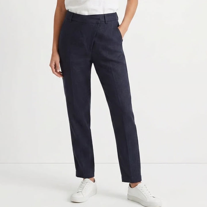 Vince Navy Blue Linen Blend Wrap Front Tapered Trousers Pants Size 2