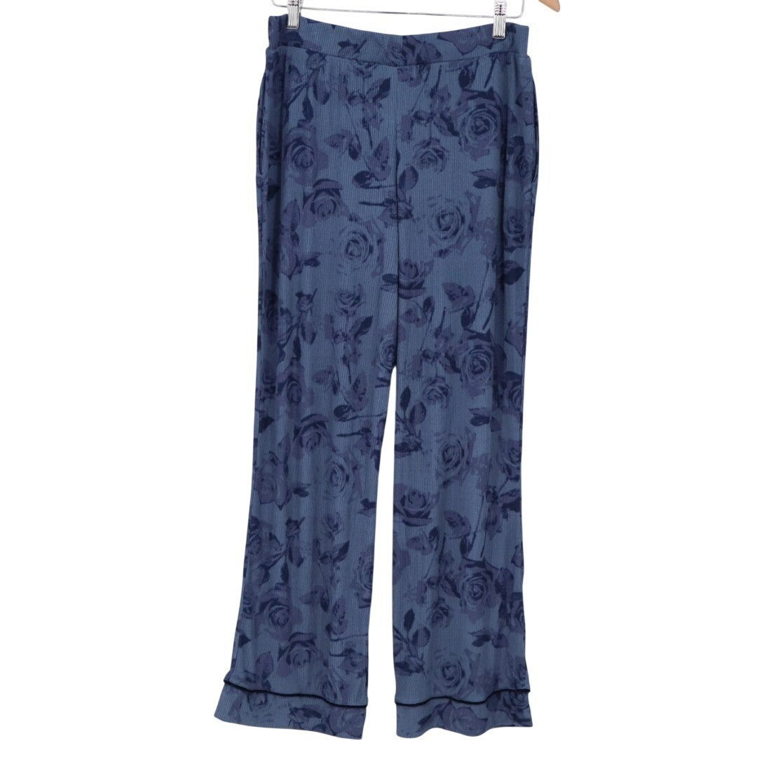 Womens Lounge Pants Medium Blue Floral Ribbed Knit Stretch Pajama Drawstring