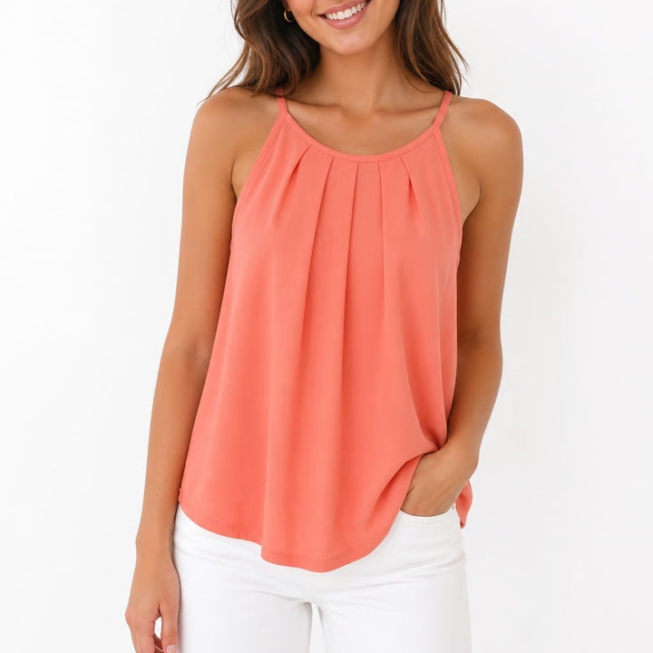 Wiholl Womens Pleated Halter Tank Top Coral Pink High Neck Sleeveless Large NEW