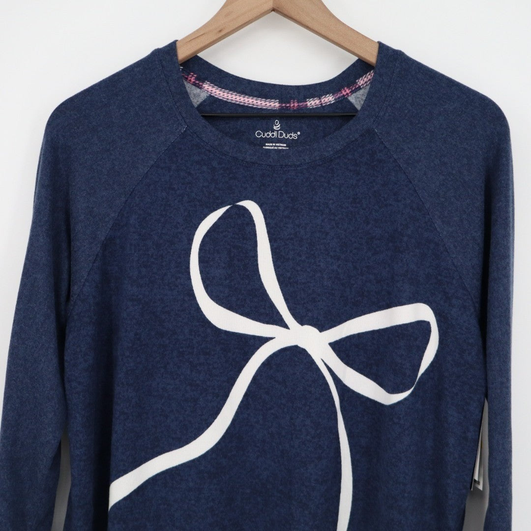 Cuddl Duds Pajama Top Womens Medium Blue Bow Print Stretch Long Sleeve Crew Neck