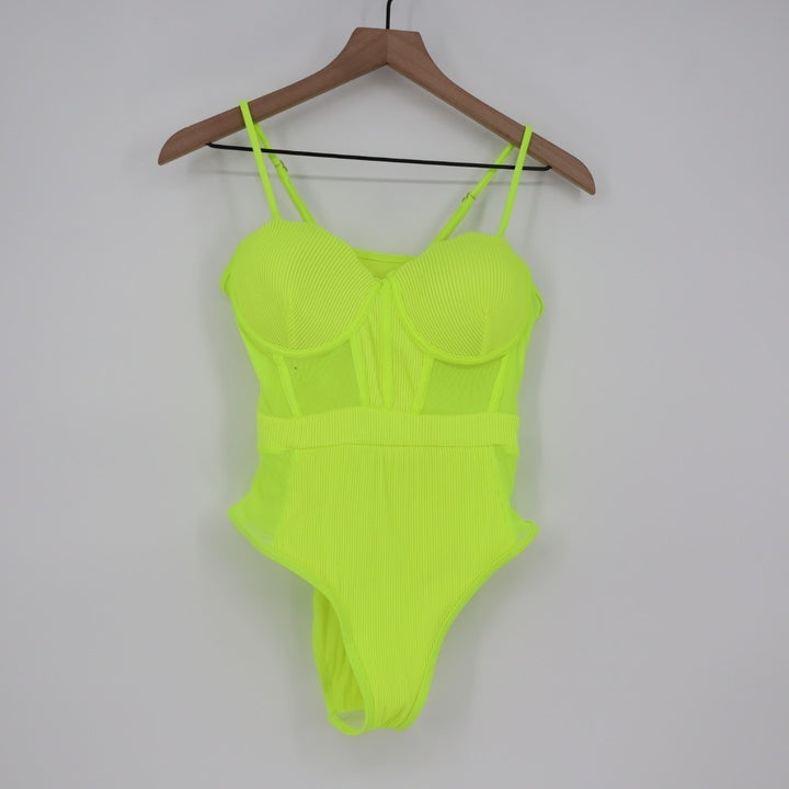 One Piece Womens Medium Lime Green Ribbed Padded Push Up Underwired Swimwear