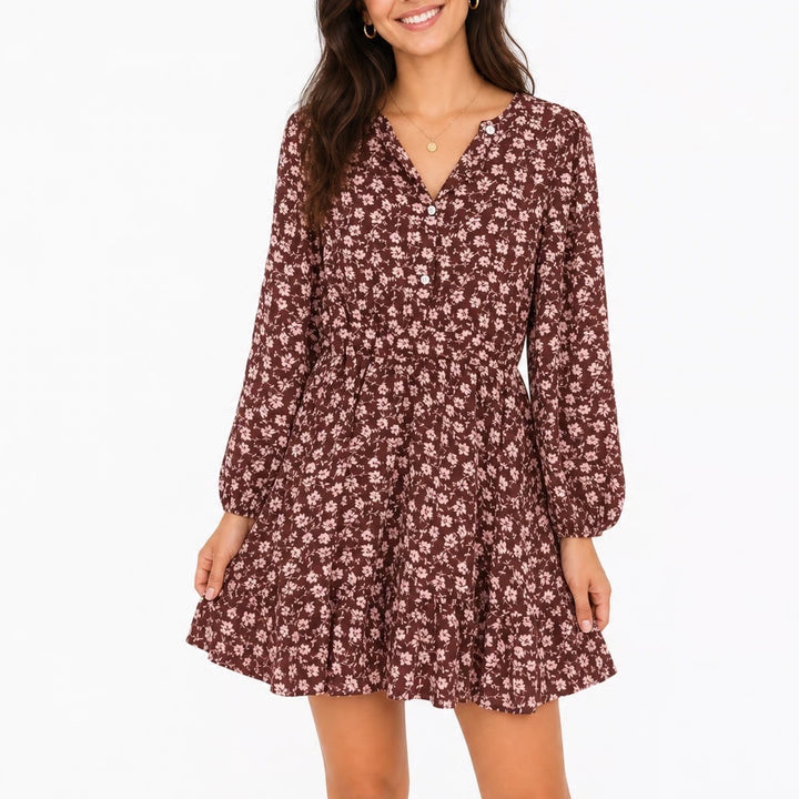 Mdyx Brown Pink Floral Mini Dress Long Sleeve Elastic Waist Tiered Ruffle Hem