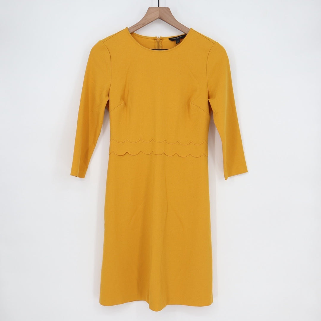 Banana Republic Fit & Flare Dress Womens 0 Yellow Stretch Scalloped 3/4 Sleeve