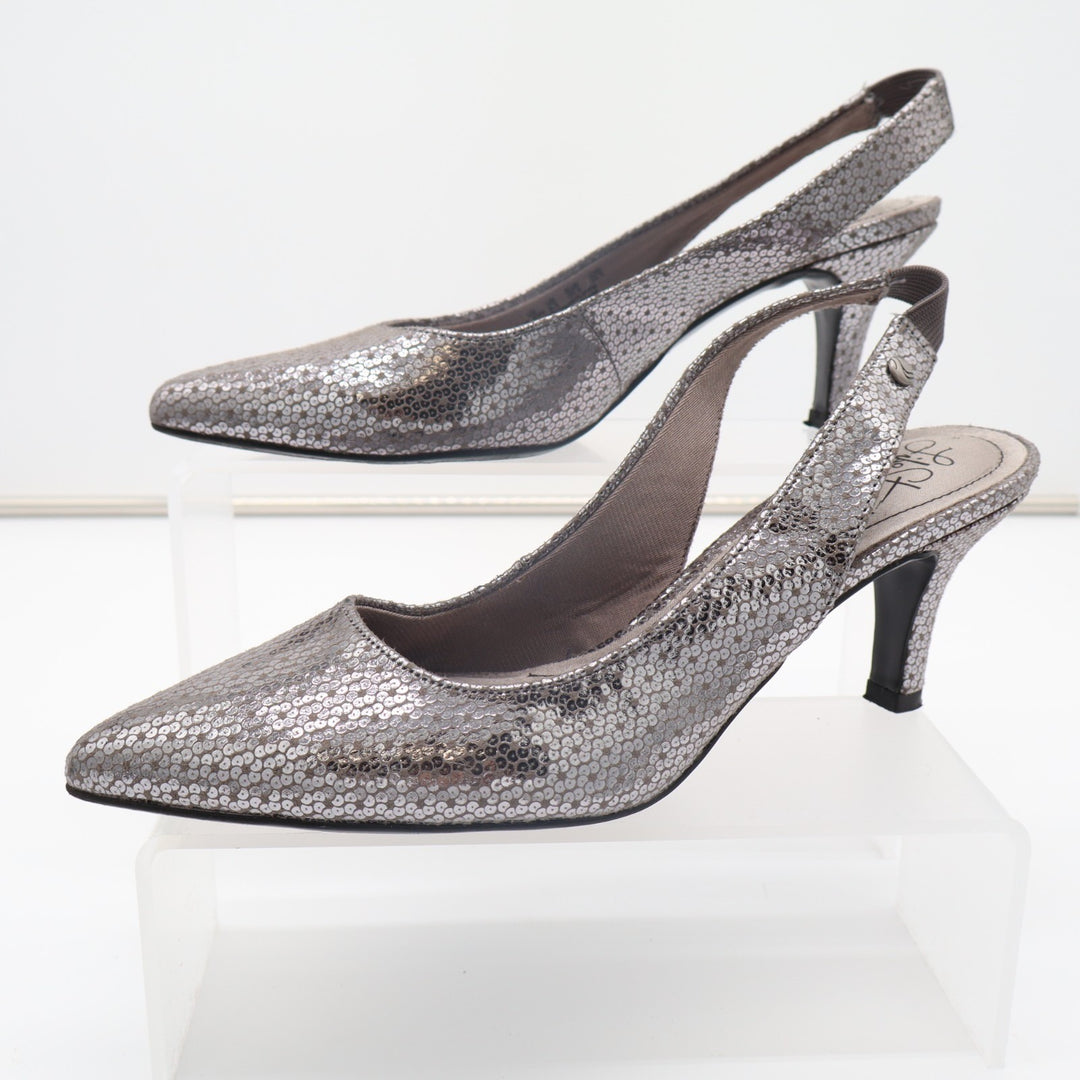 LifeStride Shena Pump Womens US 7.5W Silver Stiletto Heel Slingback Dress Shoes