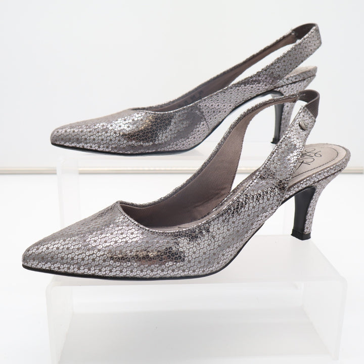 LifeStride Shena Pump Womens US 7.5W Silver Stiletto Heel Slingback Dress Shoes
