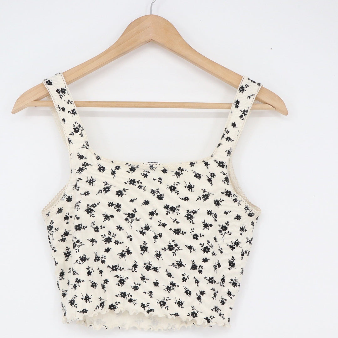 Forever 21 Floral Ribbed Crop Tank Top Cream Black Lace Trim Small