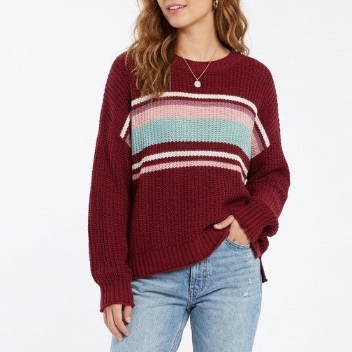 American Eagle Outfitters Sweater Women Large Maroon Stripe Long Sleeve Pullover