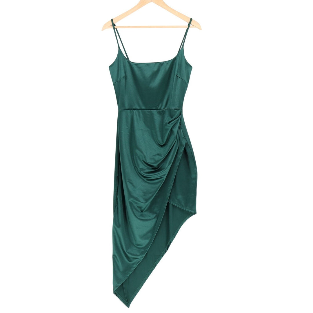 Windsor Forgive Me Bodycon Midi Dress Women L Green Satin Pleated Asymmetric Hem