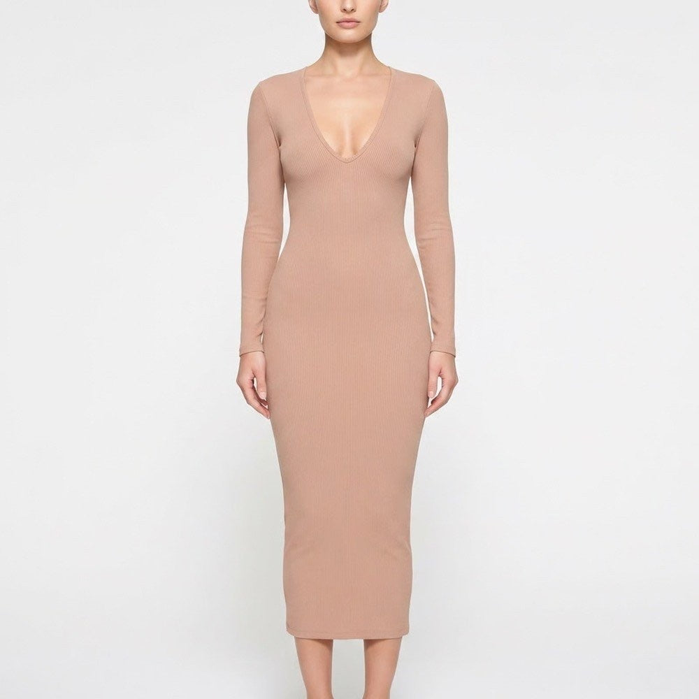 Naked Wardrobe Ribbed Deep V-Neck Maxi Dress Tan Long Sleeve Small