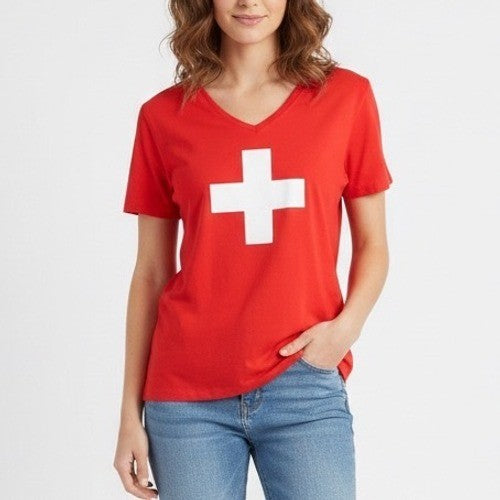 Heidi com Red Swiss Flag V Neck T Shirt XL Cotton Modal Made in Turkey