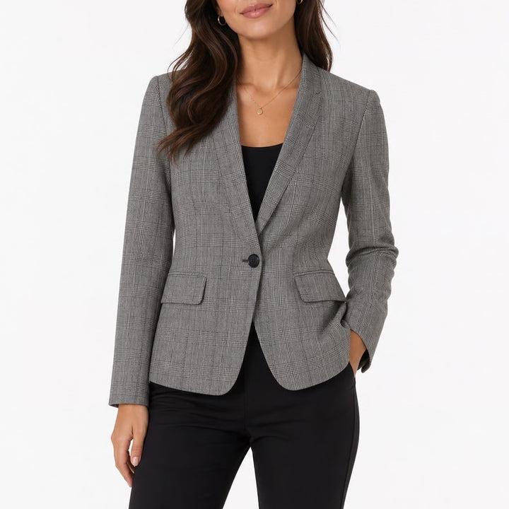 Premise Studio Petite Grey Glen Plaid Collarless Single Button Blazer 6P 10891