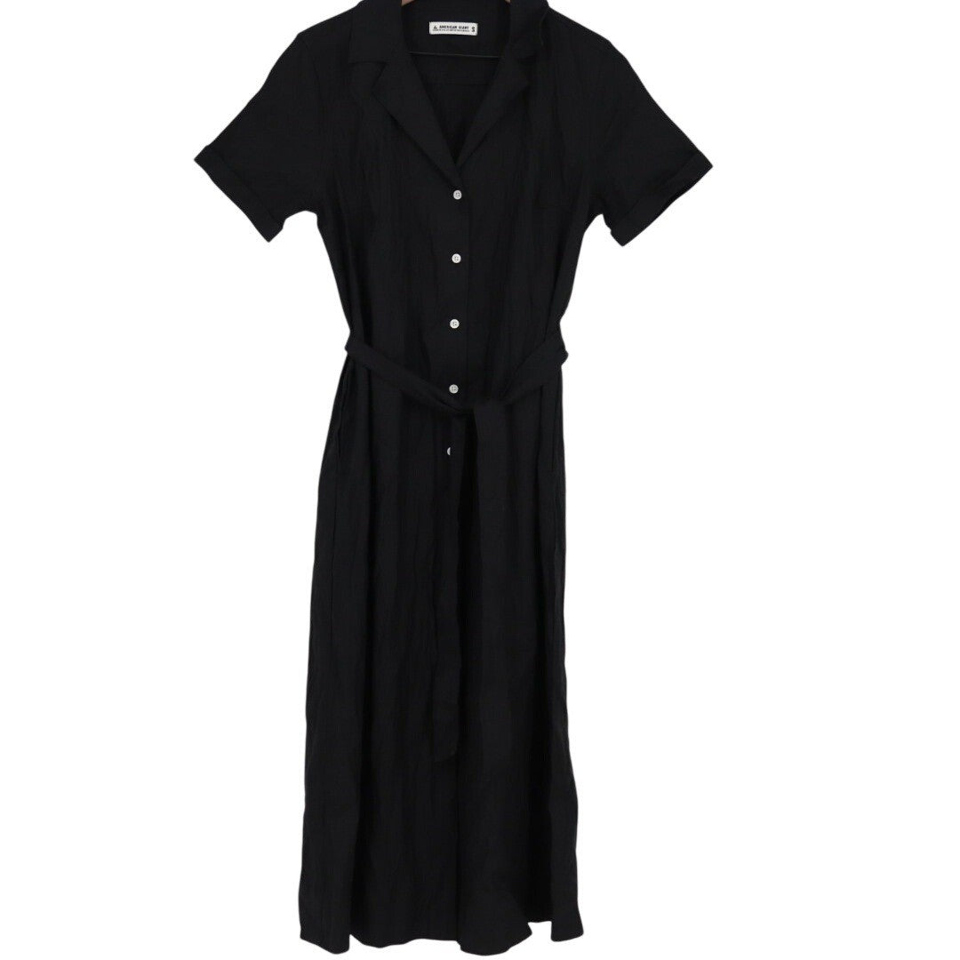 American Giant Black Linen Blend Button Front Belted Midi Dress Size S