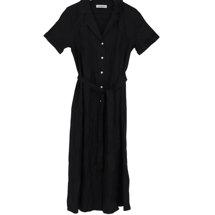 American Giant Black Linen Blend Button Front Belted Midi Dress Size S