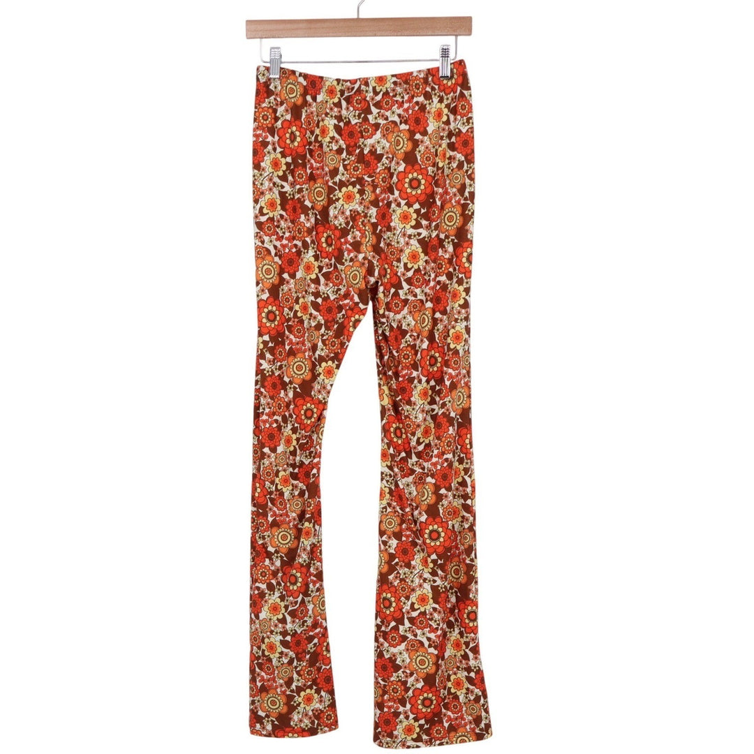SHEIN Womens Retro Floral Flare Pants Orange Brown 70s Style Size M