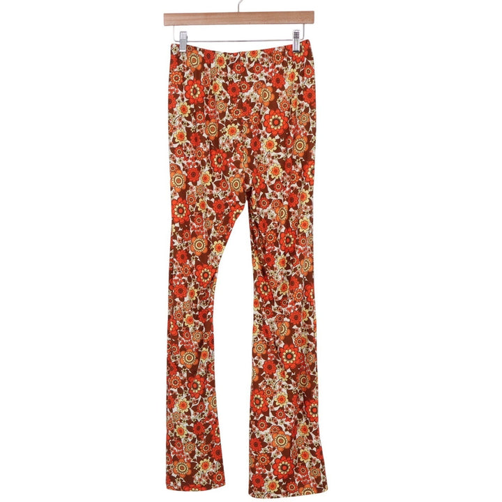 SHEIN Womens Retro Floral Flare Pants Orange Brown 70s Style Size M