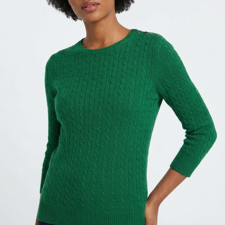J. Crew Sweater Womens XS Green Cable Knit Cashmere Buttons Shoulder Detail