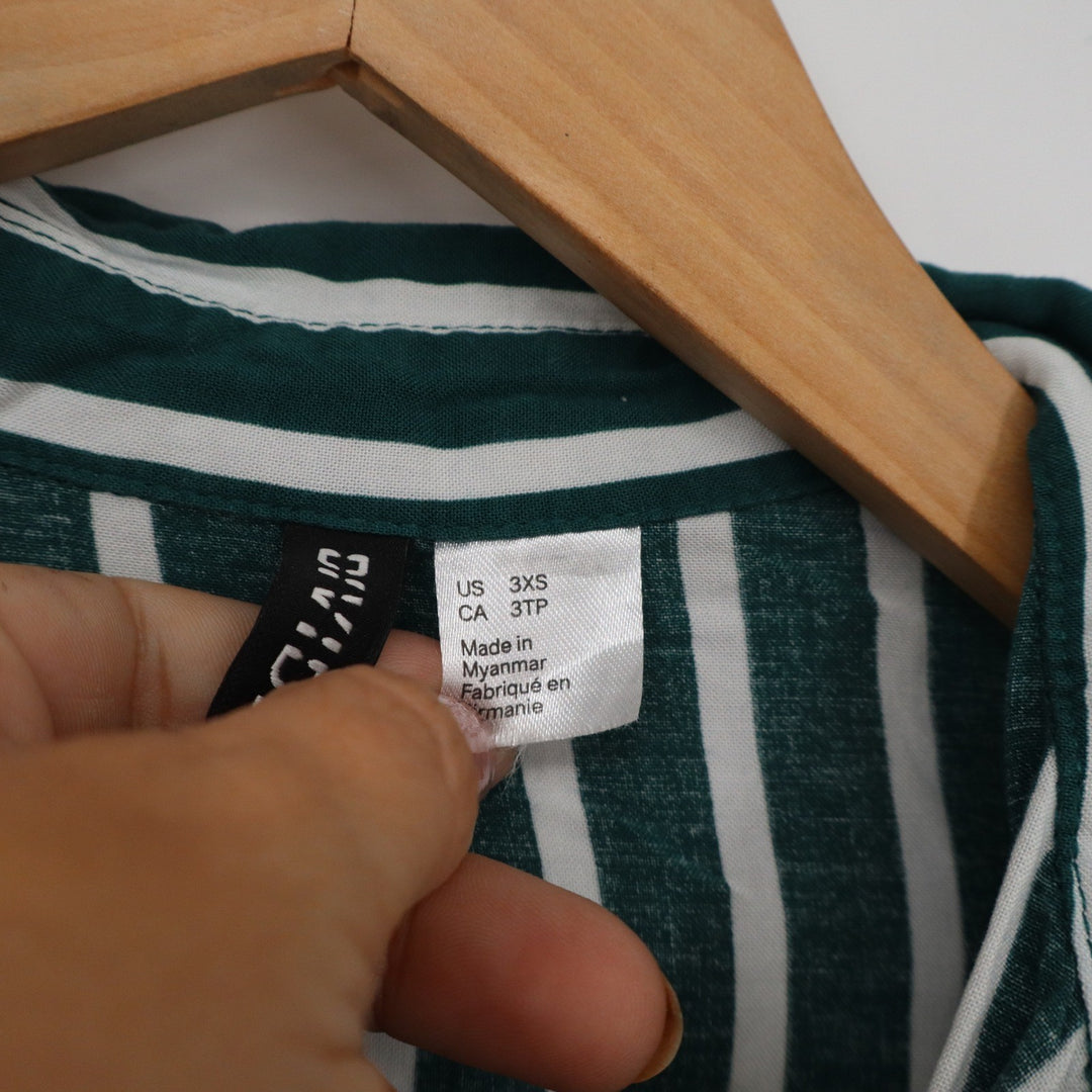 H&M Divided Green White Striped Button Up Blouse Viscose 3XS