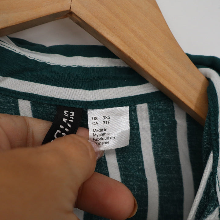 H&M Divided Green White Striped Button Up Blouse Viscose 3XS
