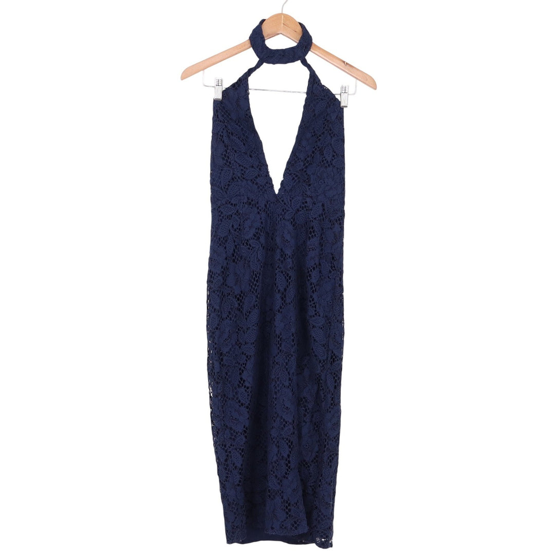 X by NBD Dress Womens 4 Halter Lace Midi Navy Blue Cocktail Open Back NEW