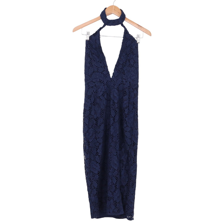 X by NBD Dress Womens 4 Halter Lace Midi Navy Blue Cocktail Open Back NEW