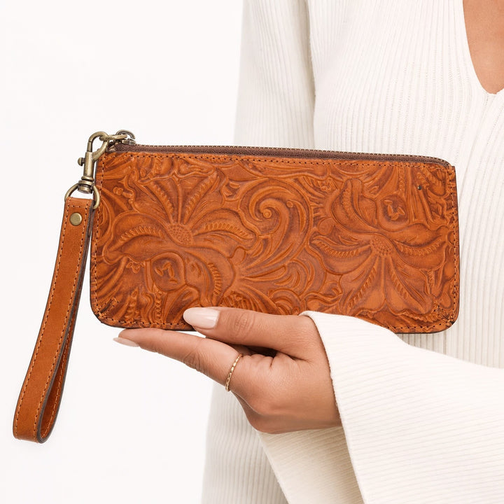 Patricia Nash Tan Tooled Leather Floral Wristlet Zip Wallet