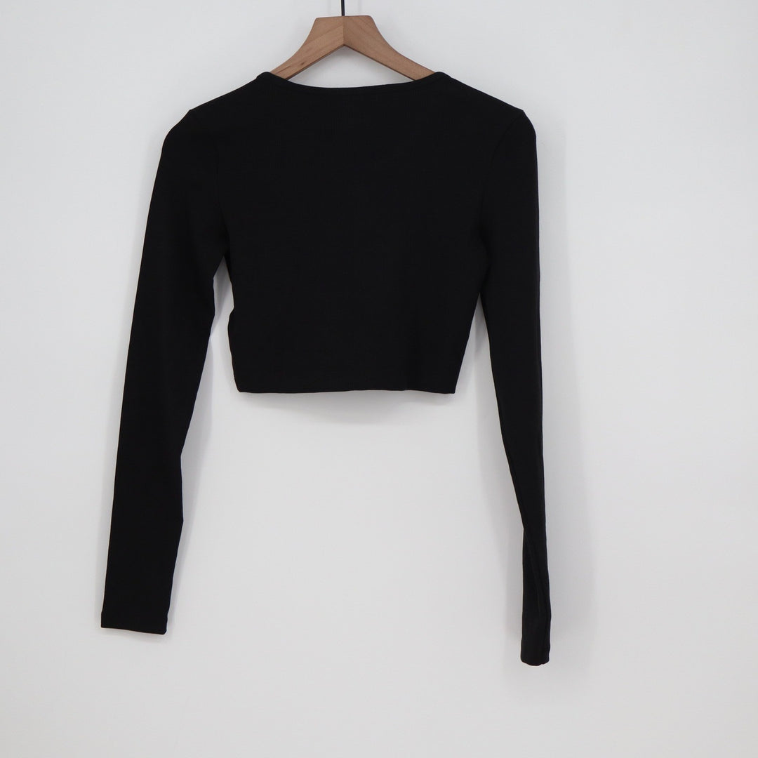 Adidas Originals Womens ESS Crop LS Black Ribbed Long Sleeve Shirt Size S