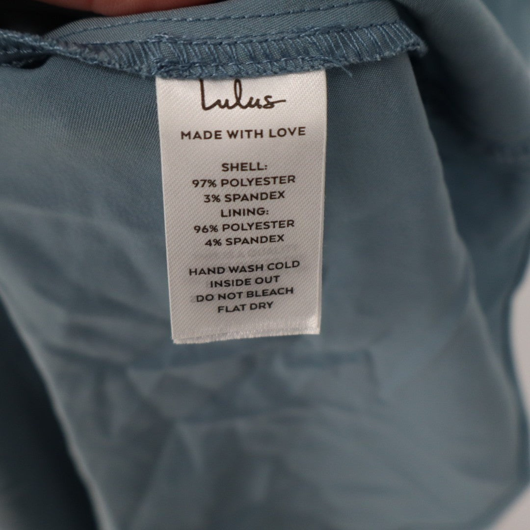 Lulus Going with Elegance Gown Dress Womens M Slate Blue Satin Tiered Back Zip