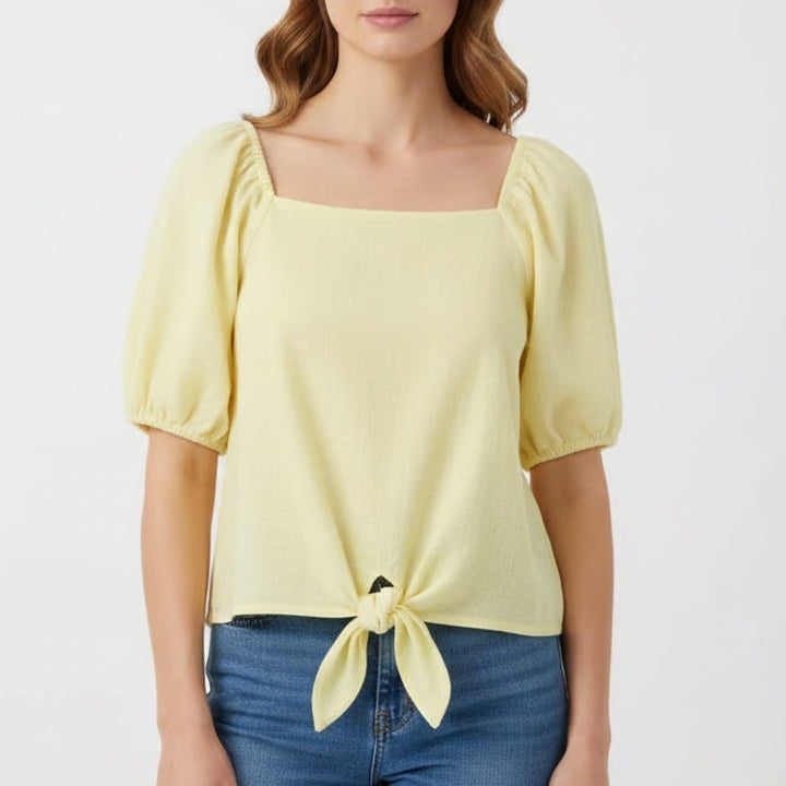 Loft Crop Top Womens XL Butter Yellow Stretch Tie Hem Square Neck Short Sleeve