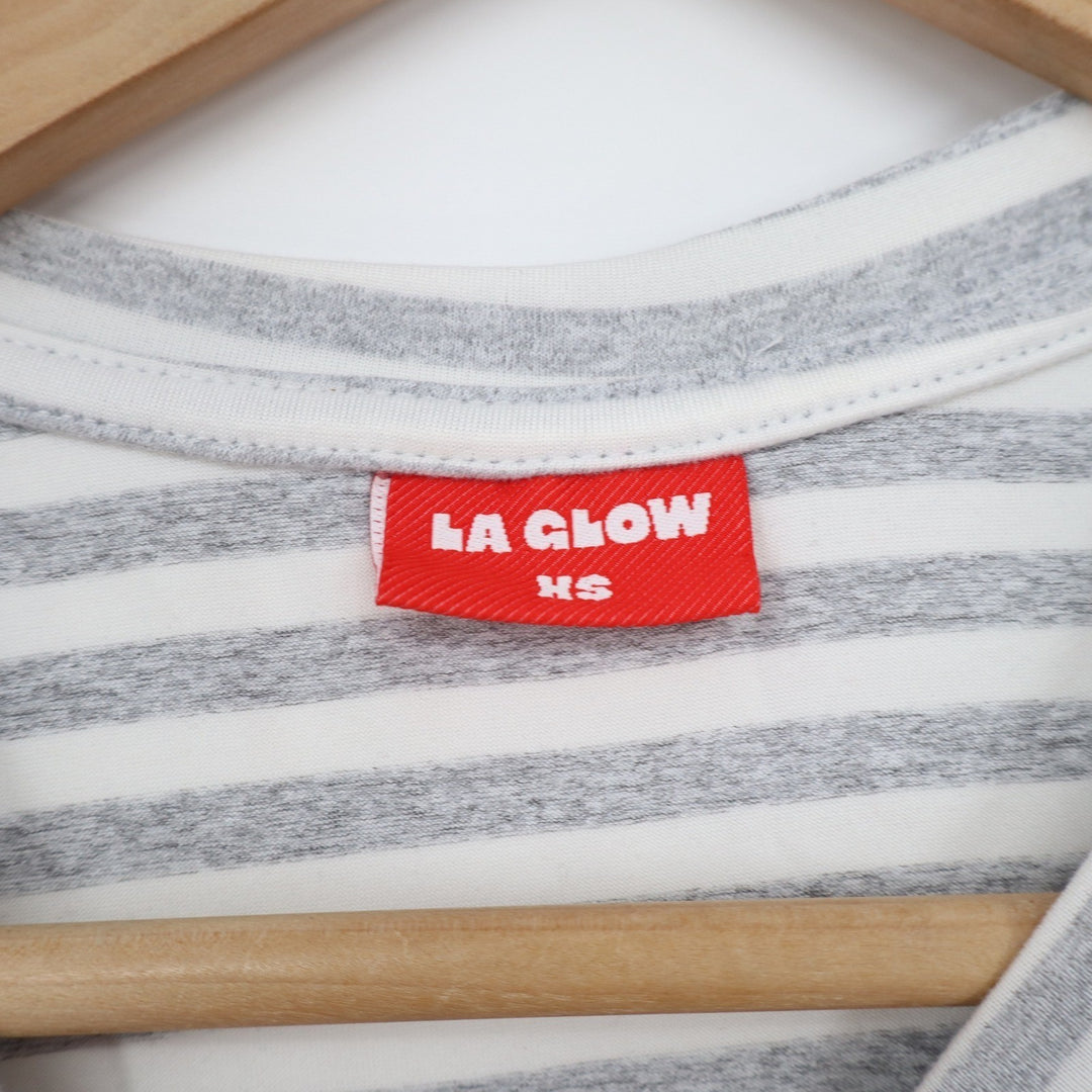 LA GLOW Womens XS Grey White Striped Short Sleeve Crewneck Slim Fit Baby Tee