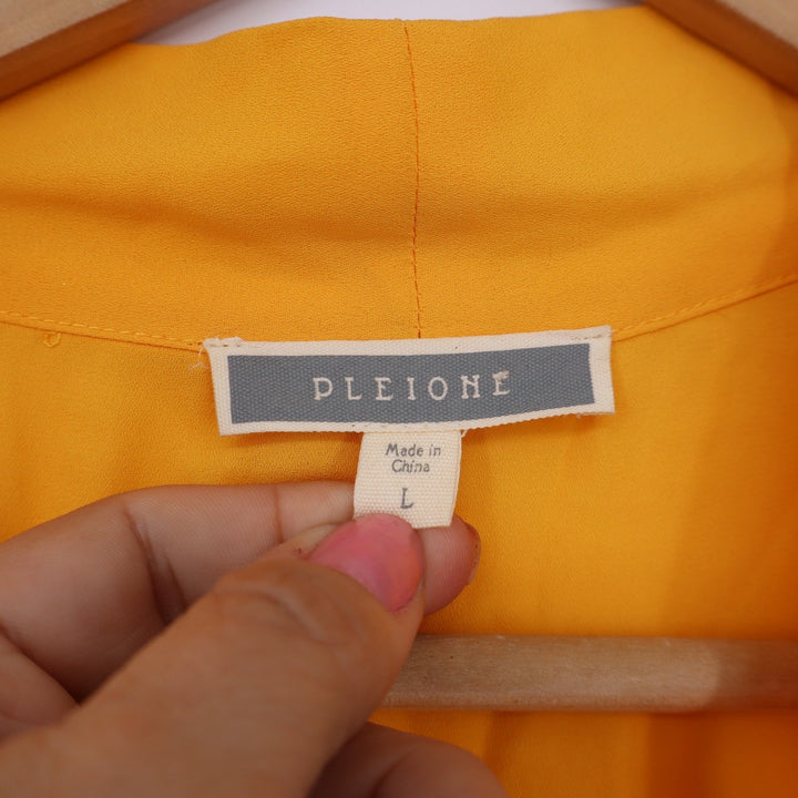 Pleione Blouse Womens L Yellow Tie Neck Short Sleeve Excellent