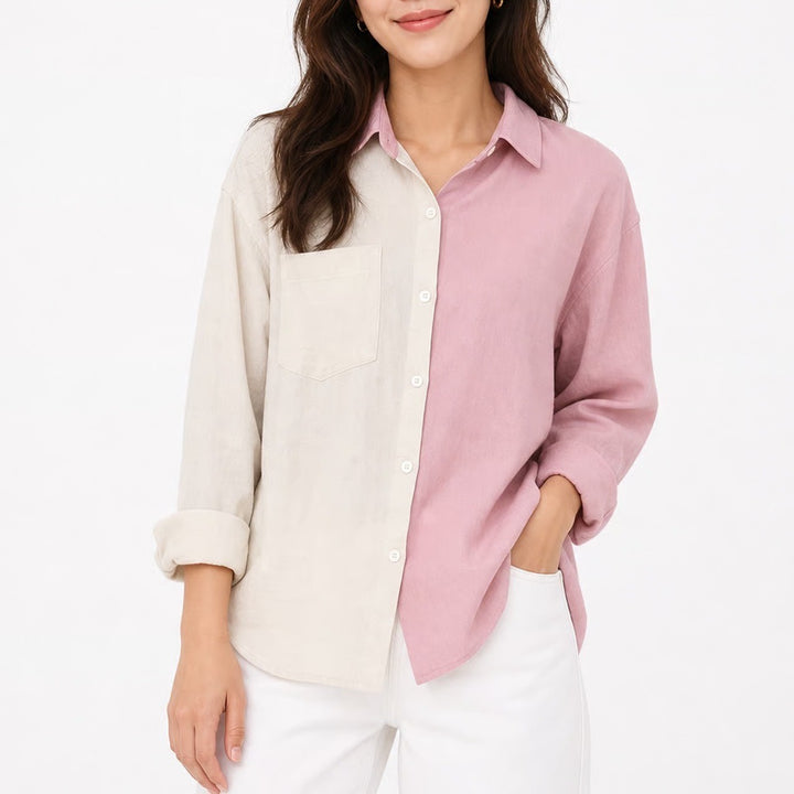 Shein Curve Pink Cream Colorblock Button Down Shirt 1XL Long Sleeve Textured