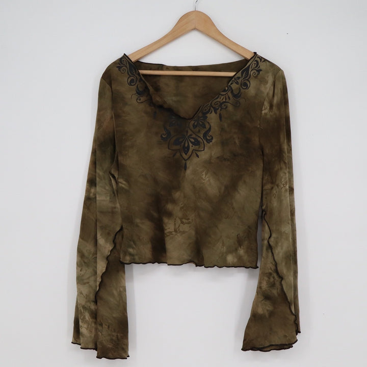 Shein Curve 1XL Olive Green Tie Dye Bell Sleeve V-Neck Graphic Top